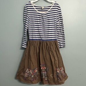 Girls Size 12-13 Monsoon Blue Stripe Bali Elephant Long Sleeve Dress